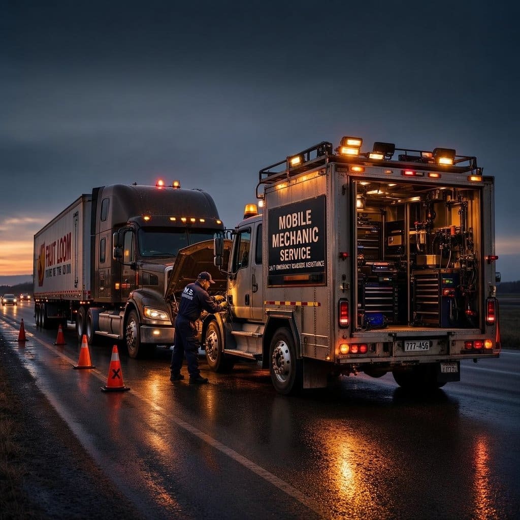Emergency roadside diesel truck repair service at night