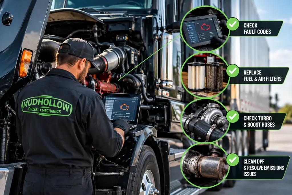 Mechanic diagnosing and fixing a semi truck losing power